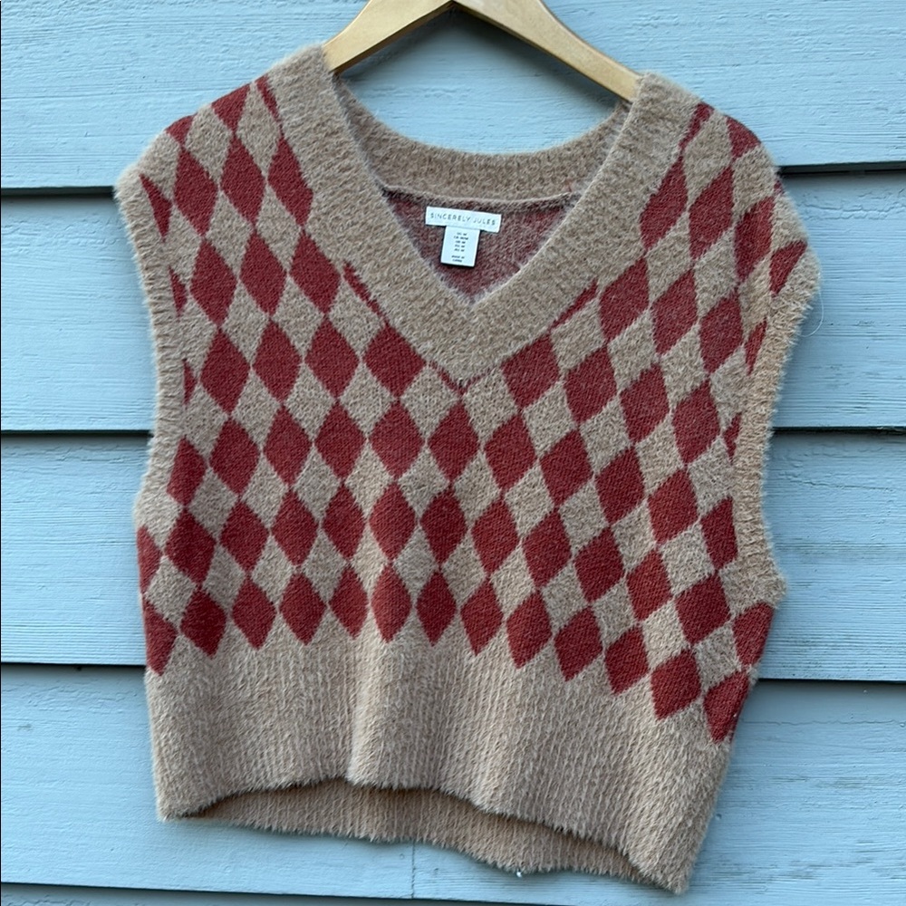 Sincerely Jules Red and Tan Argyle V-Neck Sweater Vest